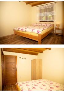 two pictures of a bedroom with a bed at Zielona Plaża in Bereżnica Wyżna