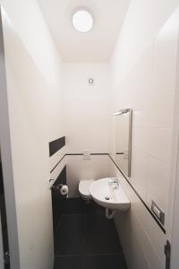 ein weißes Badezimmer mit einem Waschbecken und einem Spiegel in der Unterkunft BLU OCEANO (Casa Vacanza) in Guardialfiera