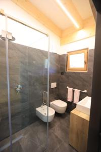 a bathroom with a toilet and a sink and a shower at Hotel Chalet Alaska in Pozza di Fassa