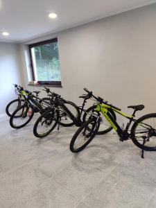 a row of bikes lined up against a wall at Górskie Klimaty in Kletno