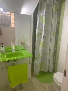 ein Badezimmer mit einem grünen Waschbecken und einem Duschvorhang in der Unterkunft Apartamento in Sanlúcar de Barrameda