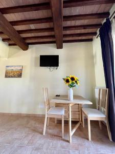 - une salle à manger avec une table, des chaises et une télévision dans l'établissement Saturnia House, à Poggio Murella