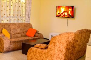 a living room with two couches and a fireplace at Haven Luxury Homes in Kitengela 