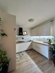 a kitchen with white cabinets and a wooden floor at Apartments Korta in Račišće