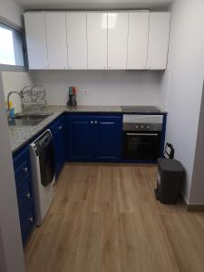 a kitchen with blue and white cabinets and a dishwasher at Hostal Mari, alquiler habitación privada en hostal, 6 habitaciones cerca de la universidad y aeropuerto Norte, 3 baños compartidos in La Laguna