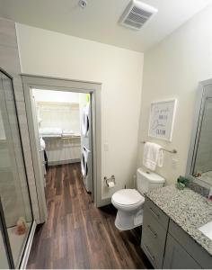 a bathroom with a toilet and a shower and a sink at 1 BR w Balcony View Resort Pool Free Parking in Addison