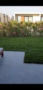 a grassy yard with a bench in front of a building at Sea Breeze White Villas 2 in Bilgah