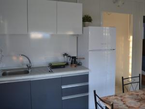 a kitchen with a sink and a white refrigerator at Oneiropagida House in Sarti