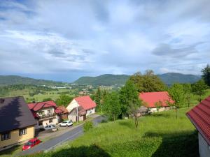 Blick auf ein Dorf mit Häusern und einer Straße in der Unterkunft Apartman Tilia in Ravna Gora