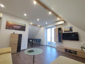 a living room with a couch and a tv and a table at Apartman Tilia in Ravna Gora