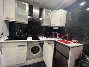 a kitchen with white cabinets and a washing machine at Evian appartement confort Vue lac et parking privé in Évian-les-Bains