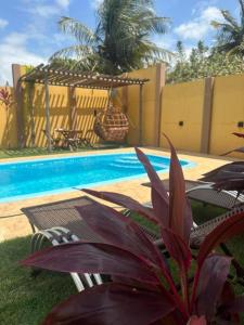 una piscina con sillas, una mesa y una planta en Pousada Nobre en São Miguel do Gostoso