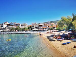 a beach with a group of people in the water at Ilio Socrates in Skala Marion