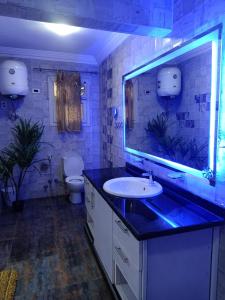 een badkamer met een wastafel, een spiegel en een toilet bij Elsawy Aparthotel in Caïro