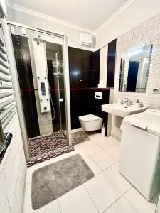 een badkamer met een douche, een toilet en een wastafel bij Apartmánik v tichom nádvorí - free parking in Bratislava
