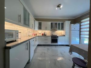 a large kitchen with white cabinets and appliances at Villa Elysium in Gebze