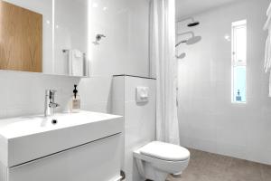 a white bathroom with a toilet and a sink at Nes Residence in Reykjavík +26 photos