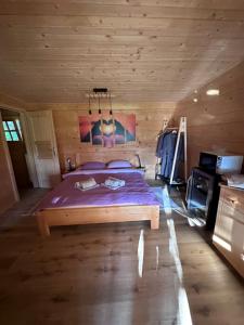 a bedroom with a bed in a wooden cabin at Hiska Na Samem v Slovenj Gradcu in Slovenj Gradec