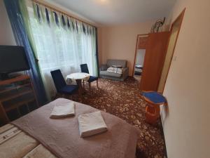een kamer met een bed en een tafel en stoelen bij Karkoz in Karpacz