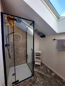 a bathroom with a shower with a glass door at Ferienwohnung Waldliebe in Homburg