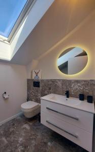 ein Badezimmer mit einem WC, einem Waschbecken und einem Spiegel in der Unterkunft Ferienwohnung Waldliebe in Homburg