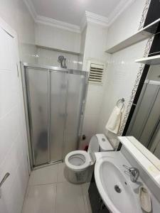 een badkamer met een douche, een toilet en een wastafel bij 1Brr in Taksim in Istanbul