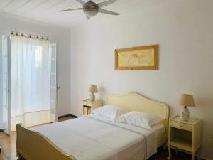 um quarto com uma cama e uma ventoinha de tecto em Mediterranean house with beautiful garden em Karlovasi