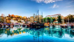 a bunch of boats are docked in a harbor at İn The Middle Hotel in Antalya