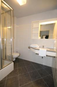 een badkamer met een toilet, een wastafel en een douche bij Hotel Bauer in Rauchenwarth