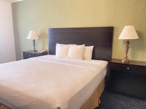 a bed in a hotel room with two lamps at The Chateau Bloomington Hotel and Conference Center in Bloomington