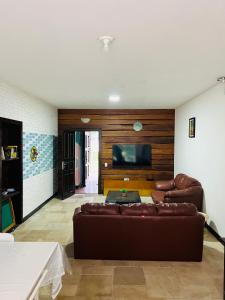 a living room with a couch and a flat screen tv at Hostel Jardim de Lotus in Blumenau