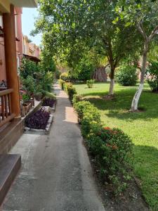 a sidewalk next to a garden with flowers and trees at Casa Arena Ixtapa Zihuatanejo in Ixtapa