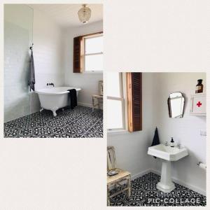 a bathroom with a white tub and a sink at Trelawney Farm Mudgee - Rural retreat in Mudgee