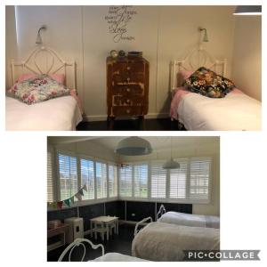two pictures of a bedroom with two beds at Trelawney Farm Mudgee - Rural retreat in Mudgee
