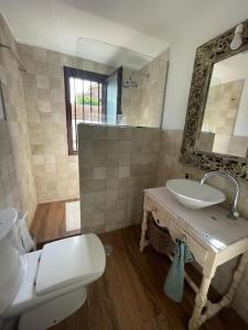 a bathroom with a sink and a toilet and a mirror at Atuaire Home Sevilla in Mairena del Aljarafe