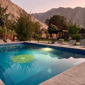een zwembad met een groen object in het water bij Refugio de Santiago Ecolodge in Lunahuaná