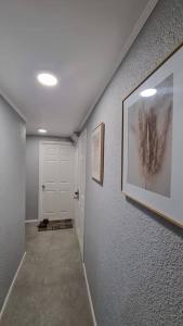 a hallway with a white door and a picture on the wall at departamento leon gallo (e) in Temuco