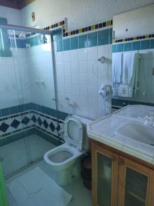a bathroom with a toilet and a sink and a tub at Pousada Villa dos Vinhedos in São Joaquim