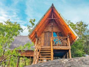 錫吉里亞的住宿－Wooden Cabana Sigiriya，树屋,有楼梯通往