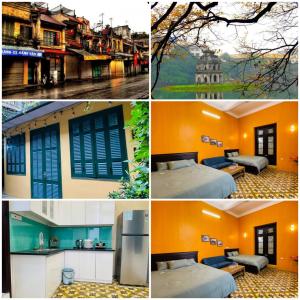 a series of four pictures of a house with a bed and a kitchen at Old Quarter Autumn Hanoi in Hanoi
