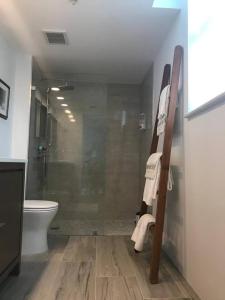 een badkamer met een douche, een toilet en handdoeken bij BRICKELL in Miami