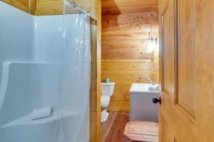 uma casa de banho com um WC, um lavatório e um chuveiro em LeConte Views cabin em Gatlinburg