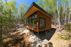 eine kleine Hütte im Wald mit Bäumen in der Unterkunft Tanières MicroChalets Charlevoix in Baie-Saint-Paul