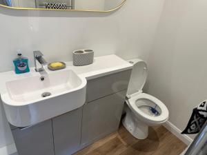 bagno bianco con lavandino e servizi igienici di Glastonbury Vista a Glastonbury