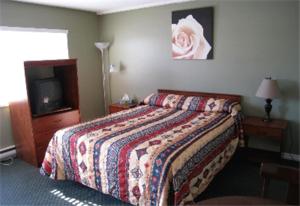 a hotel room with a bed and a tv at Beach Grove Motel in Tsawwassen