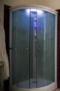 y baño con ducha y puertas de cristal. en B&B Fiori di Loto, en Corigliano d'Otranto