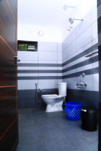 La salle de bains est pourvue de toilettes et de rayures bleues et blanches. dans l'établissement Munroe Vision Panakkattu Homestay, à Munroe Island