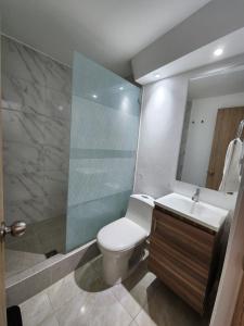 een badkamer met een toilet, een wastafel en een spiegel bij Apartment in Castillogrande in Cartagena