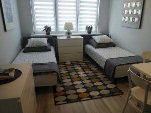 a small bedroom with two beds and a rug at Apartament Classic Południe in Włocławek