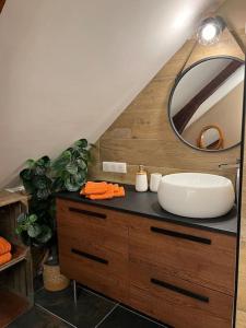 a bathroom with a sink and a mirror on a counter at Le saint Julien au cœur du centre historique de chateaugiron in Châteaugiron